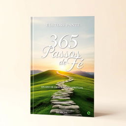 A book cover design for '365 Passos de Fé - Um Ano de Crescimento Espiritual', featuring a serene and uplifting scene