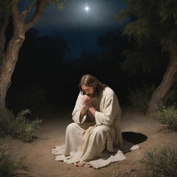 Jesus Christ in the Garden of Gethsemane, comforted by an angel, under the serene starlight. Christ is in deep prayer, his face reflecting a mix of divine resolve and poignant vulnerability, while the angel's compassionate presence offers solace.