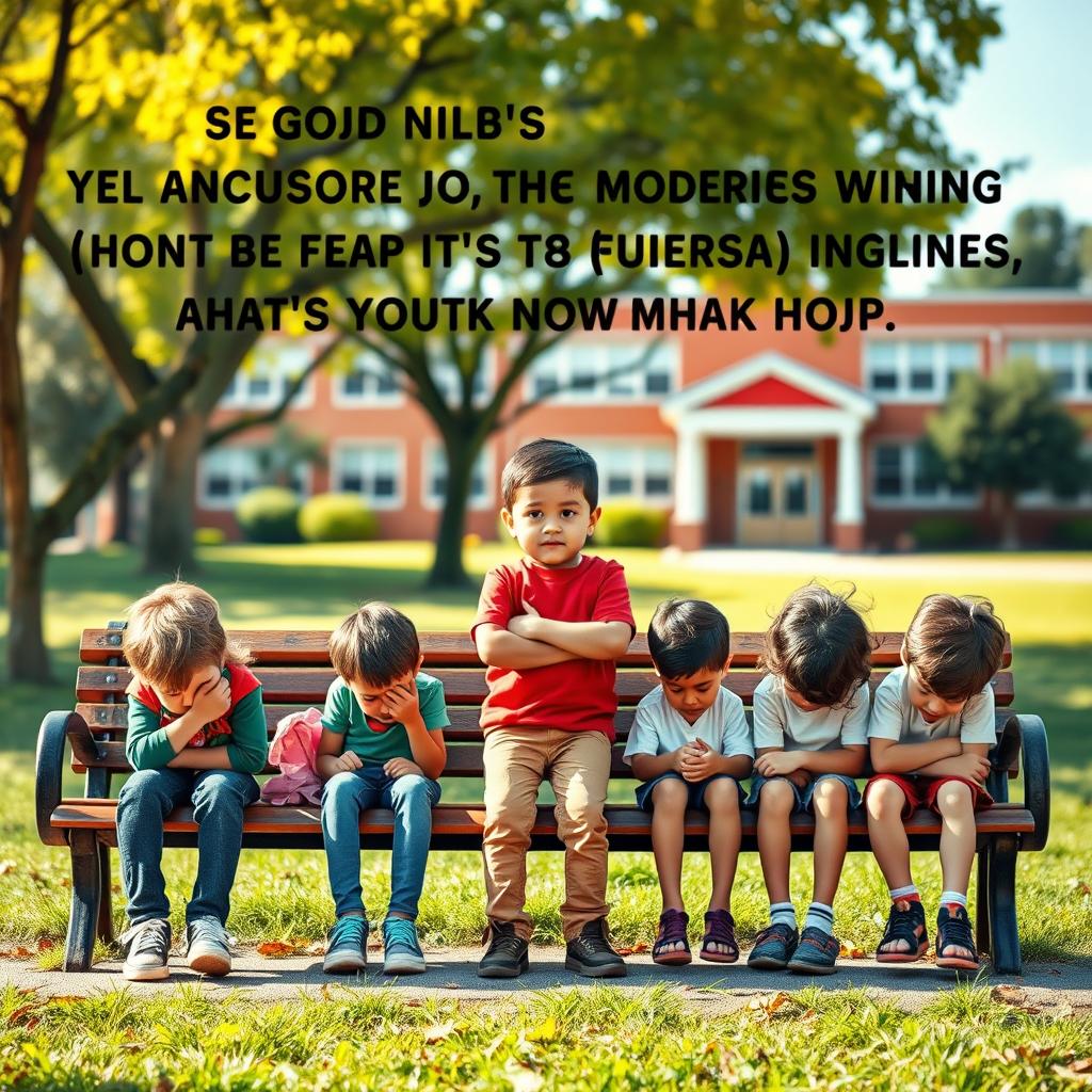 A motivational scene depicting a confident young child passionately advising a group of disheartened children who are sitting on a park bench, looking doubtful and uninterested in their future