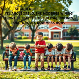 A motivational scene depicting a confident young child passionately advising a group of disheartened children who are sitting on a park bench, looking doubtful and uninterested in their future