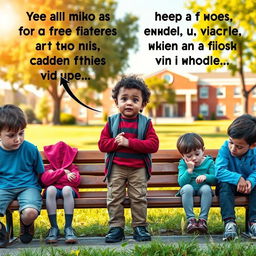 A motivational scene depicting a confident young child passionately advising a group of disheartened children who are sitting on a park bench, looking doubtful and uninterested in their future