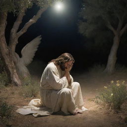 Jesus Christ in the Garden of Gethsemane, comforted by an angel, under the serene starlight. Christ is in deep prayer, his face reflecting a mix of divine resolve and poignant vulnerability, while the angel's compassionate presence offers solace.