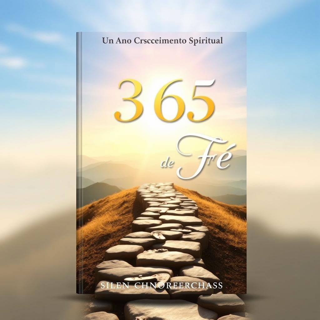 A book cover design for '365 Passos de Fé - Um Ano de Crescimento Espiritual', featuring a serene and uplifting scene