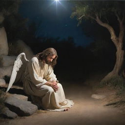 Jesus Christ in the Garden of Gethsemane, comforted by an angel, under the serene starlight. Christ is in deep prayer, his face reflecting a mix of divine resolve and poignant vulnerability, while the angel's compassionate presence offers solace.