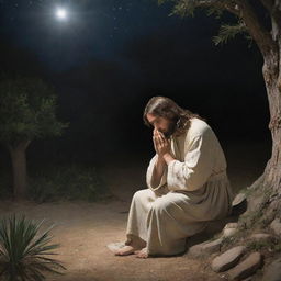 Jesus Christ in the Garden of Gethsemane, comforted by an angel, under the serene starlight. Christ is in deep prayer, his face reflecting a mix of divine resolve and poignant vulnerability, while the angel's compassionate presence offers solace.