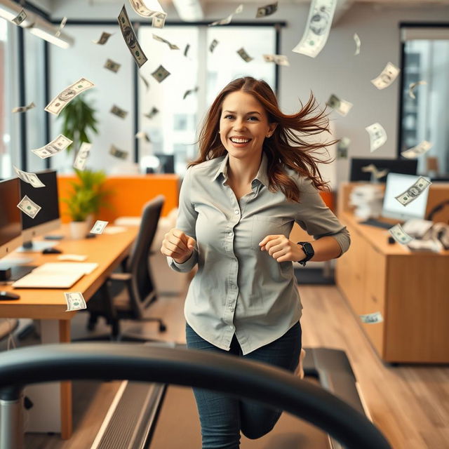 A sweet and funny lady assistant, with a bright smile and playful demeanor, wearing a professional shirt, energetically running on a treadmill indoors at a lively workplace workstation