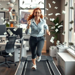 A sweet and funny lady assistant, with a bright smile and playful demeanor, wearing a professional shirt, energetically running on a treadmill indoors at a lively workplace workstation