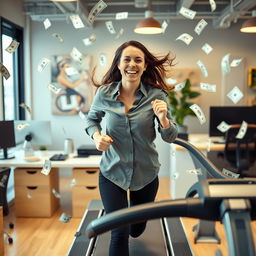 A sweet and funny lady assistant, with a bright smile and playful demeanor, wearing a professional shirt, energetically running on a treadmill indoors at a lively workplace workstation