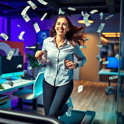 A sweet and funny lady assistant, with a bright smile and playful demeanor, wearing a professional shirt, energetically running on a treadmill indoors at a lively workplace workstation