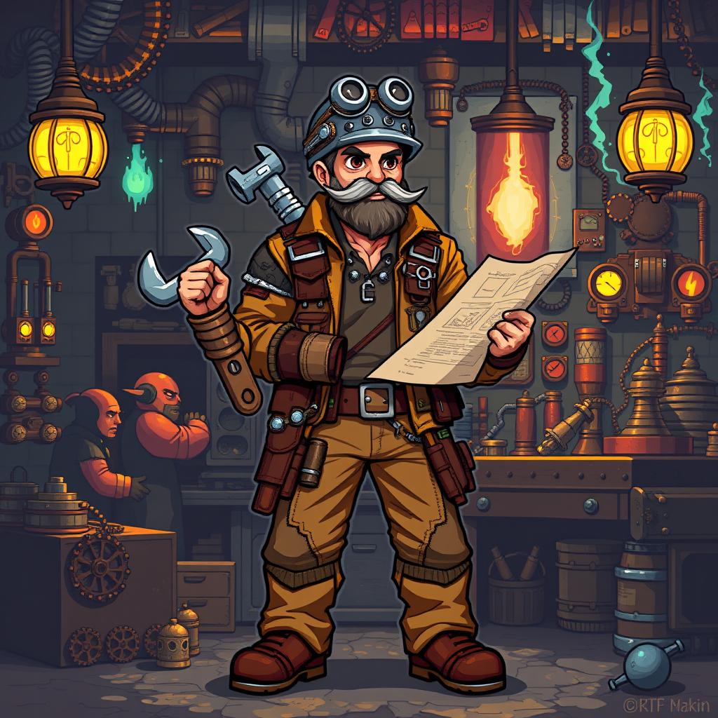 A Human Engineer character illustrated in a vibrant pixel art style, featuring a classic 8-bit aesthetic