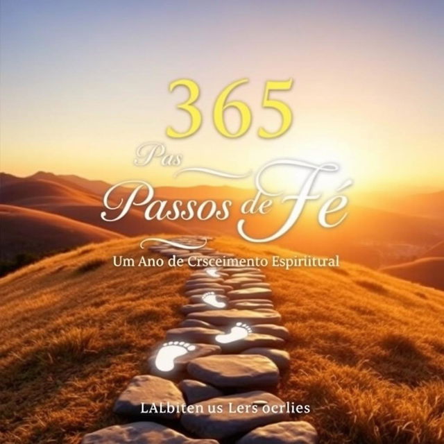 A book cover design for '365 Passos de Fé - Um Ano de Crescimento Espiritual', featuring a serene and uplifting scene with footprints leading towards a glowing horizon