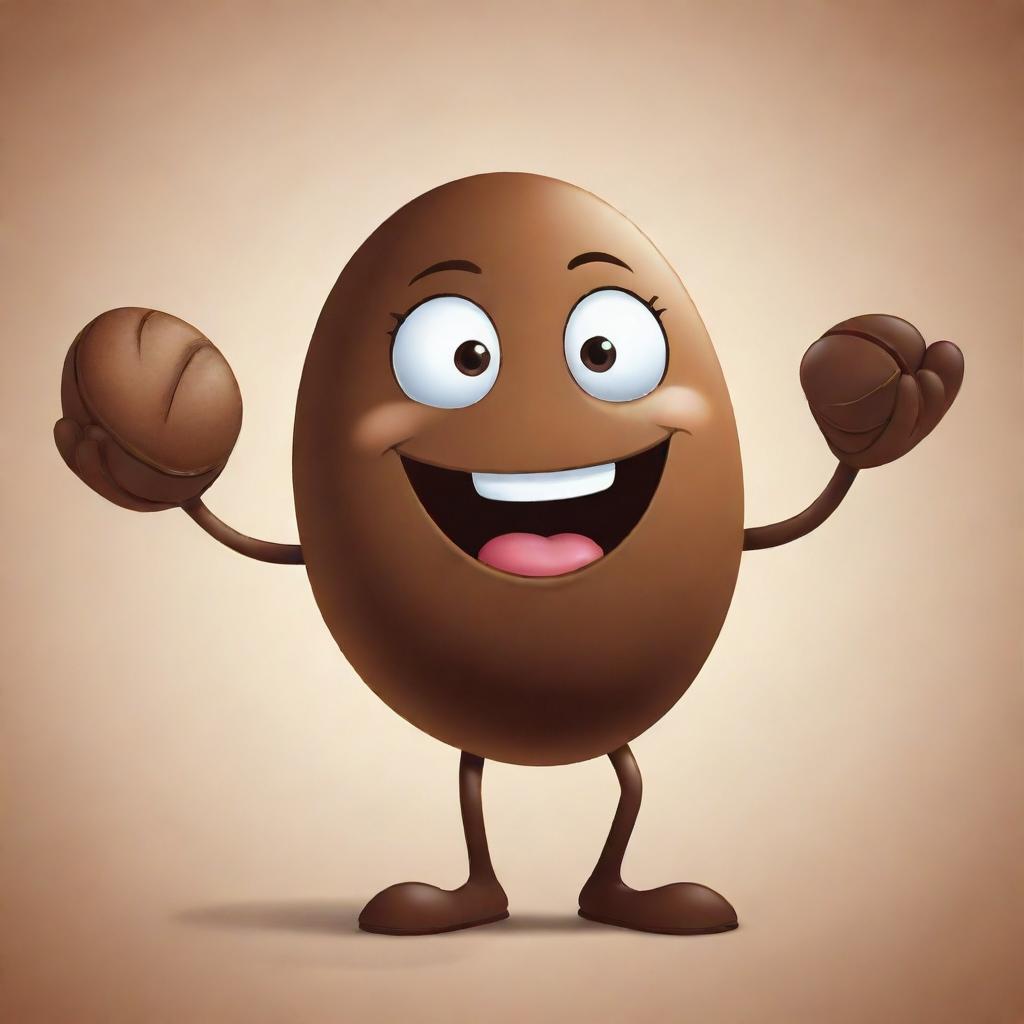 A cartoon character joyfully holding a large, shiny coffee bean in their hands.