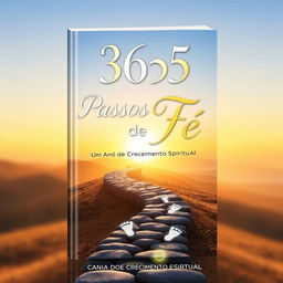 A book cover design for '365 Passos de Fé - Um Ano de Crescimento Espiritual', featuring a serene and uplifting scene with footprints leading towards a glowing horizon