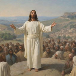 Jesus Christ delivering the Sermon on the Mount, his figure standing elevated on a hill, addressing the multitudes. His body language conveys wisdom and authority, while the crowd's faces express fascination and reverence towards his teachings.