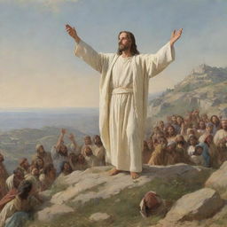 Jesus Christ delivering the Sermon on the Mount, his figure standing elevated on a hill, addressing the multitudes. His body language conveys wisdom and authority, while the crowd's faces express fascination and reverence towards his teachings.