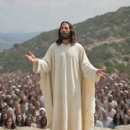 Jesus Christ delivering the Sermon on the Mount, his figure standing elevated on a hill, addressing the multitudes. His body language conveys wisdom and authority, while the crowd's faces express fascination and reverence towards his teachings.