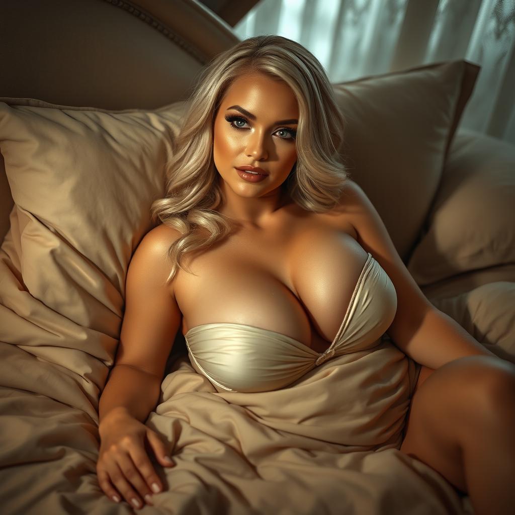 A seductive scene featuring a sexy blonde woman with voluptuous curves and big breasts, lying sensually in a luxurious bed