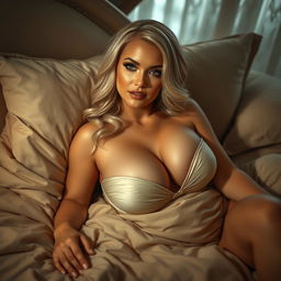 A seductive scene featuring a sexy blonde woman with voluptuous curves and big breasts, lying sensually in a luxurious bed