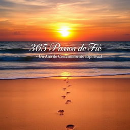 A book cover design for '365 Passos de Fé - Um Ano de Crescimento Espiritual', featuring a tranquil scene set on a beautiful beach during sunset