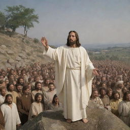 Jesus Christ delivering the Sermon on the Mount, his figure standing elevated on a hill, addressing the multitudes. His body language conveys wisdom and authority, while the crowd's faces express fascination and reverence towards his teachings.