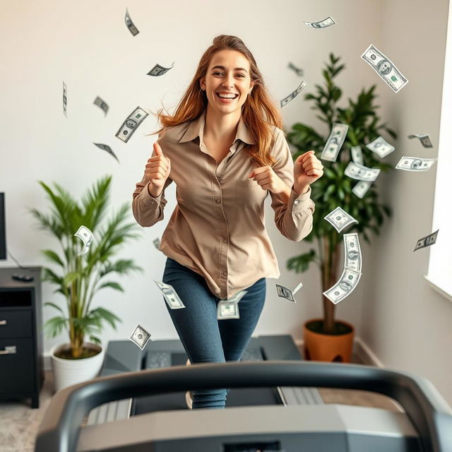 A sweet and funny lady assistant, with a bright smile and playful demeanor, wearing a professional shirt, energetically running on a treadmill indoors at a lively workplace workstation