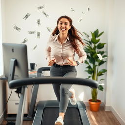 A sweet and funny lady assistant, with a bright smile and playful demeanor, wearing a professional shirt, energetically running on a treadmill indoors at a lively workplace workstation