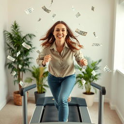 A sweet and funny lady assistant, with a bright smile and playful demeanor, wearing a professional shirt, energetically running on a treadmill indoors at a lively workplace workstation