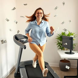 A sweet and funny lady assistant, with a bright smile and playful demeanor, wearing a professional shirt, energetically running on a treadmill indoors at a lively workplace workstation