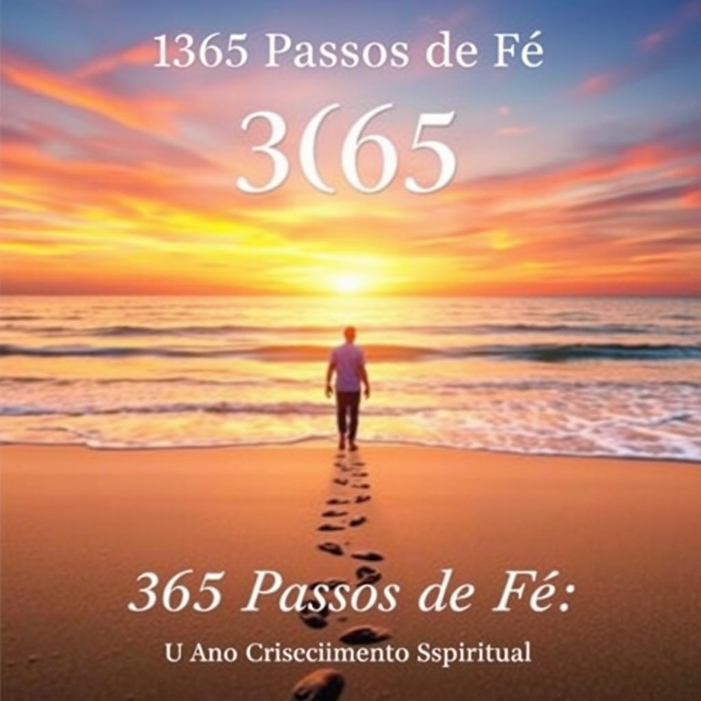 A book cover design for '365 Passos de Fé - Um Ano de Crescimento Espiritual', depicting a serene beach scene during sunset