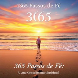 A book cover design for '365 Passos de Fé - Um Ano de Crescimento Espiritual', depicting a serene beach scene during sunset