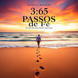 A book cover design for '365 Passos de Fé - Um Ano de Crescimento Espiritual', depicting a serene beach scene during sunset