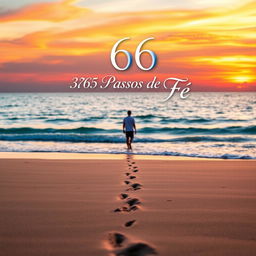 A book cover design for '365 Passos de Fé - Um Ano de Crescimento Espiritual', depicting a serene beach scene during sunset