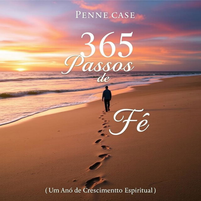 A book cover design for '365 Passos de Fé - Um Ano de Crescimento Espiritual', depicting a serene beach scene during sunset