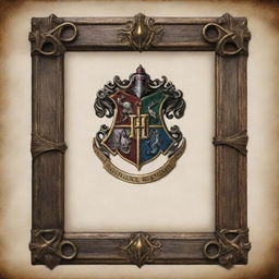 A Harry Potter themed picture frame with cutout, suitable for a PowerPoint design. The frame incorporates elements like the Hogwarts crest, a wand, spellbooks, and magical motifs, all on a transparent background.