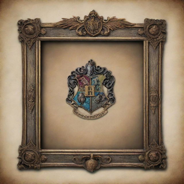 A Harry Potter themed picture frame with cutout, suitable for a PowerPoint design. The frame incorporates elements like the Hogwarts crest, a wand, spellbooks, and magical motifs, all on a transparent background.