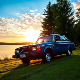 A classic Volvo 240, showcasing its iconic boxy design and rugged charm, parked next to a peaceful lake at sunset