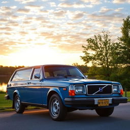 A classic Volvo 240, showcasing its iconic boxy design and rugged charm, parked next to a peaceful lake at sunset