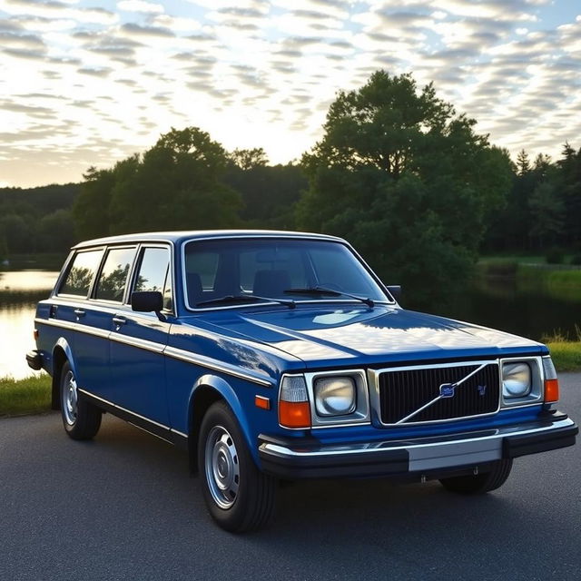 A classic Volvo 240, showcasing its iconic boxy design and rugged charm, parked next to a peaceful lake at sunset