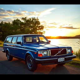 A classic Volvo 240, showcasing its iconic boxy design and rugged charm, parked next to a peaceful lake at sunset