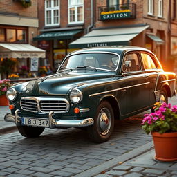 A stunning Volvo PV 544, celebrated for its classic curves and retro style, showcased in an urban setting