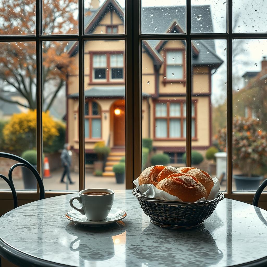 An image of a charming antique café table set with coffee and bread