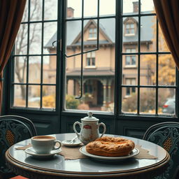 An image of a charming antique café table set with coffee and bread