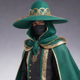 Transform the character into a mysterious and sophisticated figure akin to Scaramouche from Genshin Impact, with a luxury veil connected to a hat covering his face, all accented with dark green.