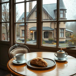 An image of a charming antique café table set with coffee and bread