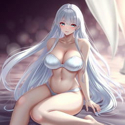 A stunningly beautiful waifu character with long white hair, sitting gracefully