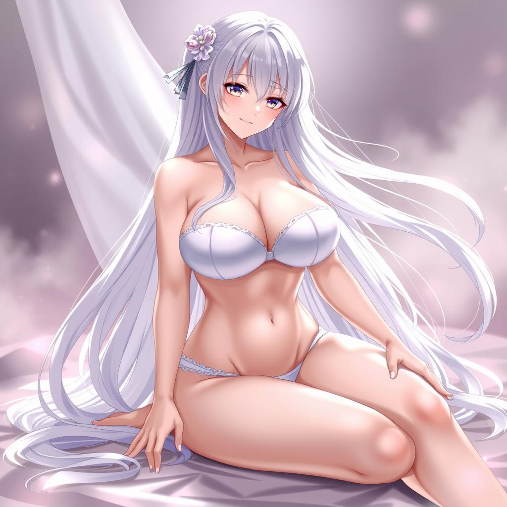 A stunningly beautiful waifu character with long white hair, sitting gracefully