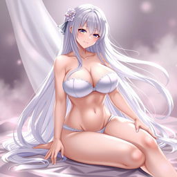 A stunningly beautiful waifu character with long white hair, sitting gracefully