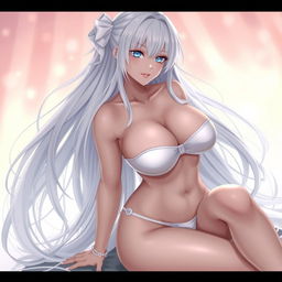 A stunningly beautiful waifu character with long white hair, sitting gracefully