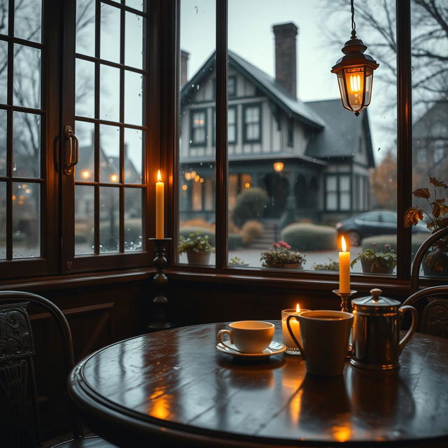 An image of a charming antique café table adorned with coffee and candles