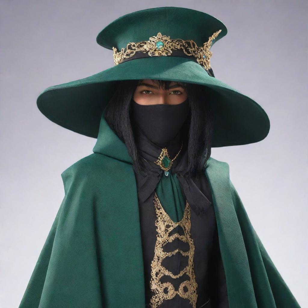 Transform the character into a mysterious and sophisticated figure akin to Scaramouche from Genshin Impact, with a luxury veil connected to a hat covering his face, all accented with dark green.